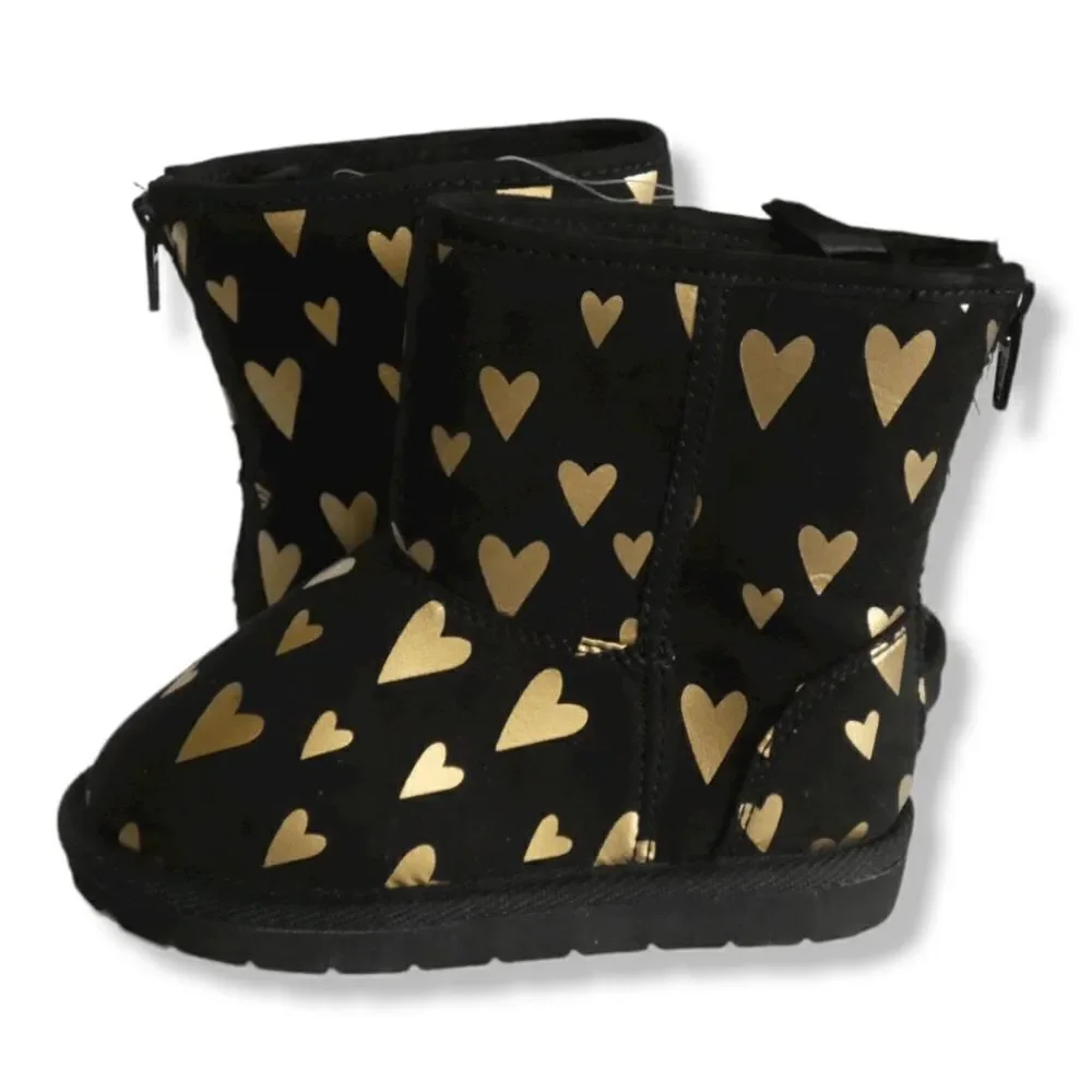 GAP Toddler Size 10 Black Metallic Gold Heart Sherpa Boots Back Zip Cozy Fall